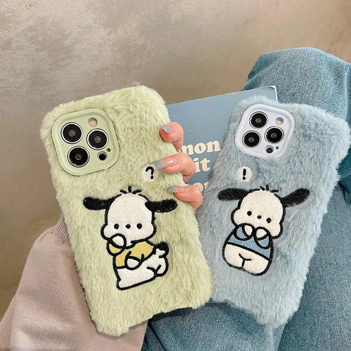 Japanese Cartoon Cute PC Fluffy with Embroidery Blue Green iPhone Case 11 12 13 14 15 Pro Promax