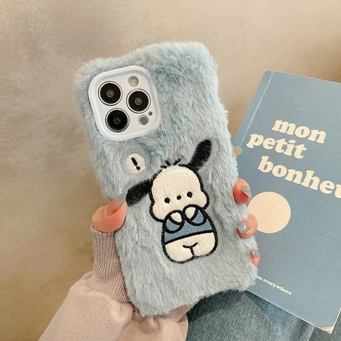 Japanese Cartoon Cute PC Fluffy with Embroidery Blue Green iPhone Case 11 12 13 14 15 Pro Promax