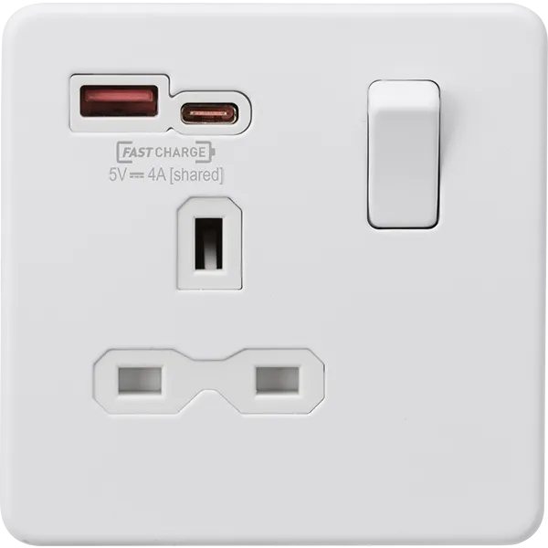 Knightsbridge Screwless 13A 1 Gang Switched Socket Dual USB A C Matt White