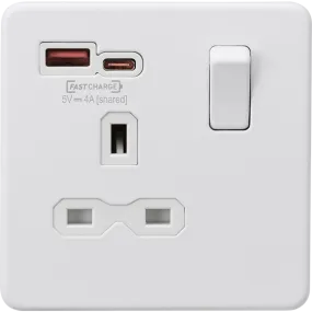 Knightsbridge Screwless 13A 1 Gang Switched Socket Dual USB A C Matt White