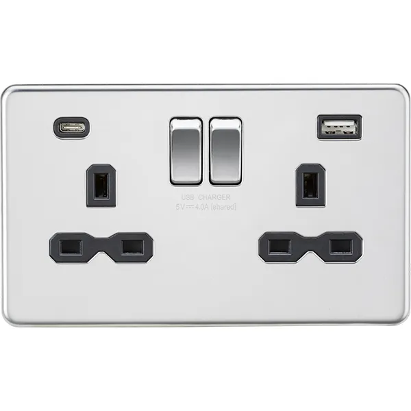 Knightsbridge Screwless 13A 2 Gang Switched Socket Dual USB A C Polished Chrome with Black Insert