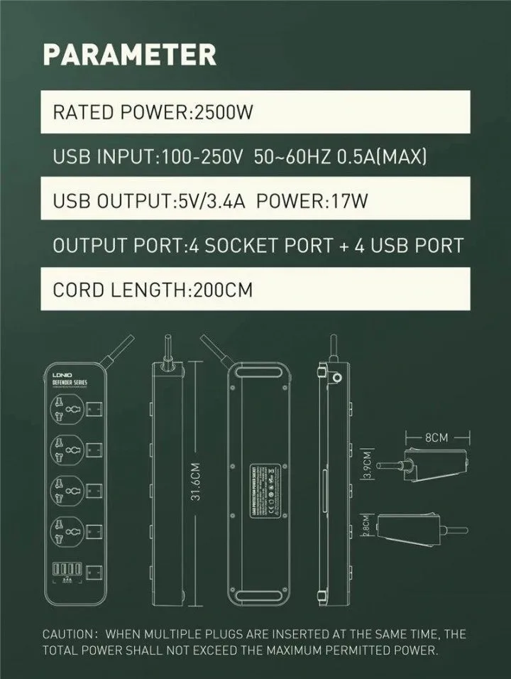 LDNIO SC4408 | 2500W Power Socket  | With 17W Auto-ID USB Ports