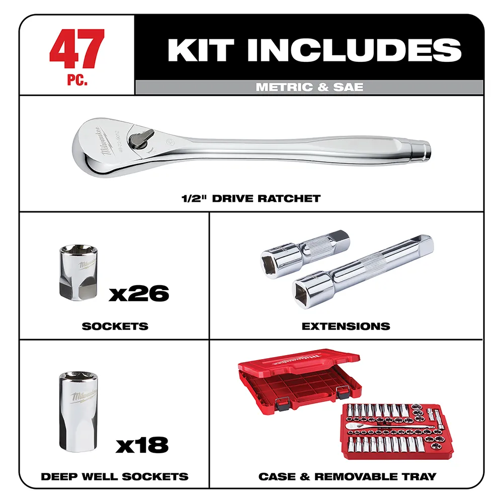 Milwaukee 1/2" SAE & Metric Socket Wrench Set 47 Pc