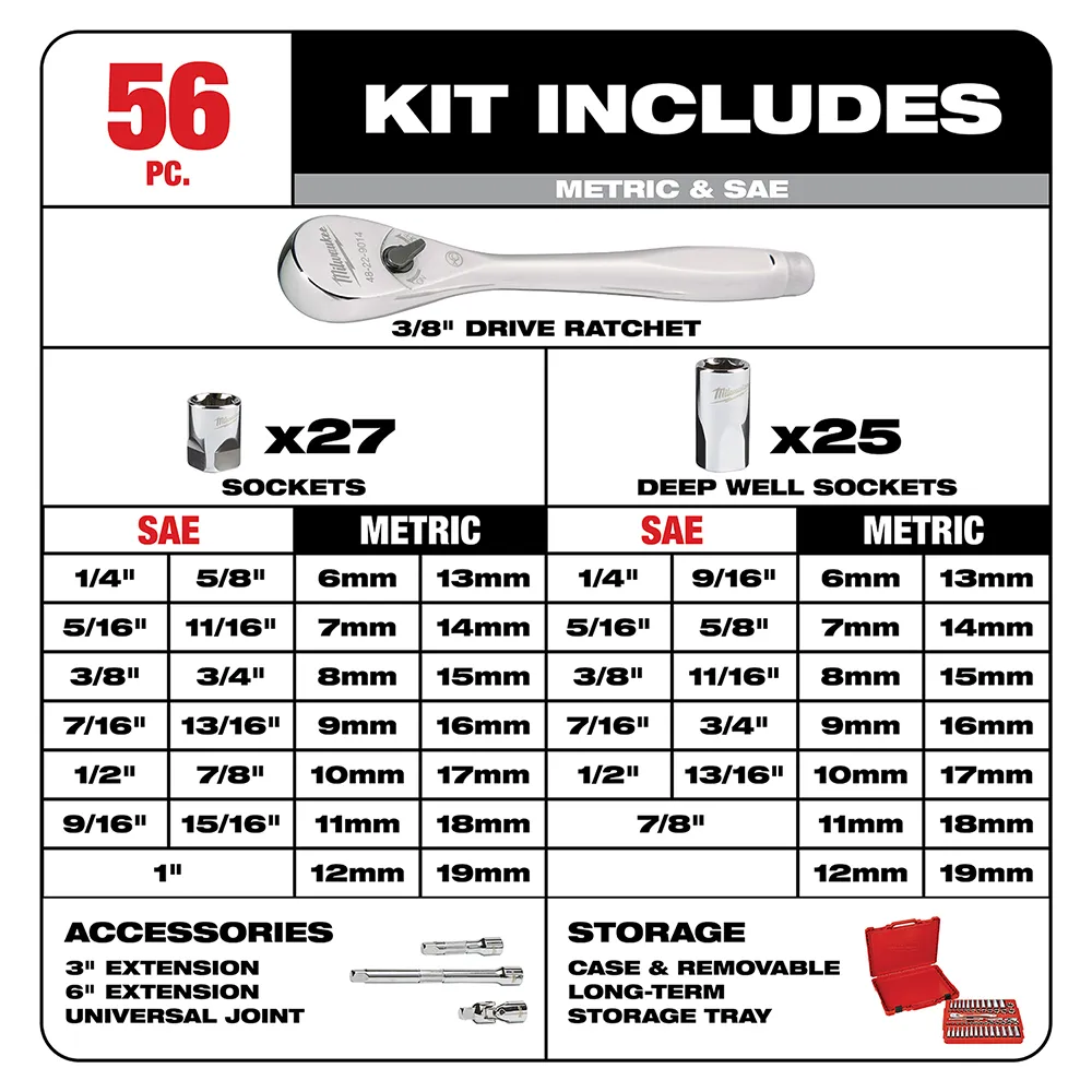 Milwaukee 3/8" Drive SAE/Metric Ratchet and Socket Set 56PC