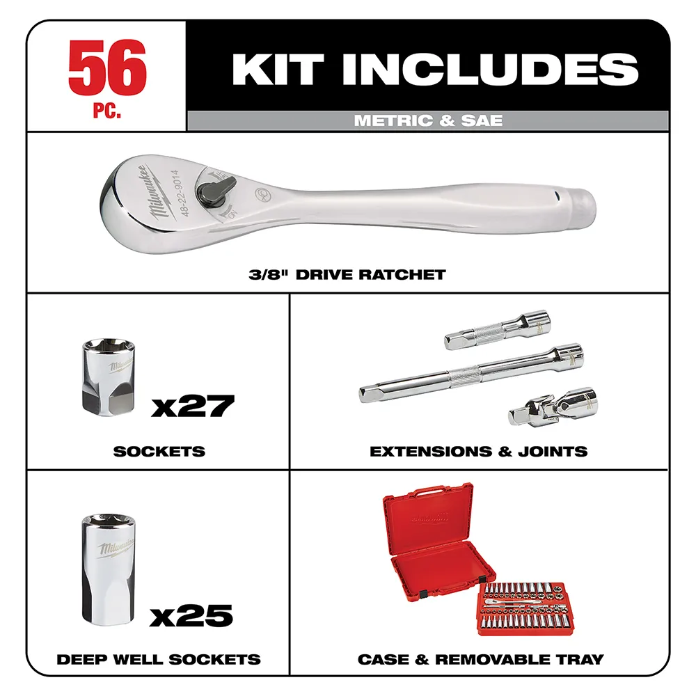 Milwaukee 3/8" Drive SAE/Metric Ratchet and Socket Set 56PC