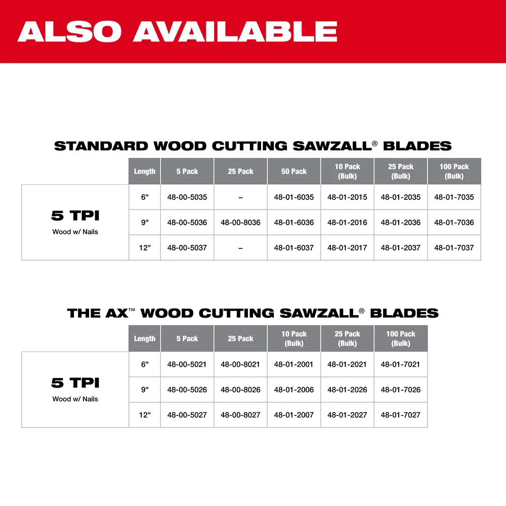 Milwaukee 9" 5 TPI AX Demolition Wood Cutting Sawzall‚® Blade, (Single Blade)