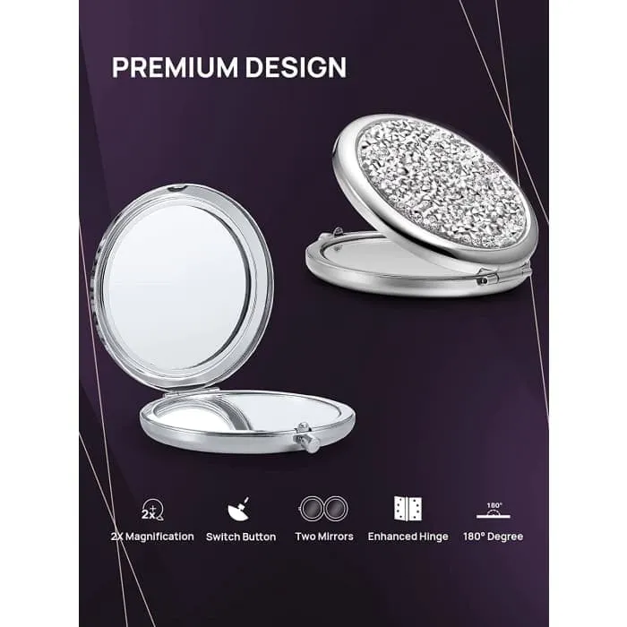 Mini Mix Diamond 1x/2x Magnifying Round Metal Pocket Makeup Mirror (silver)