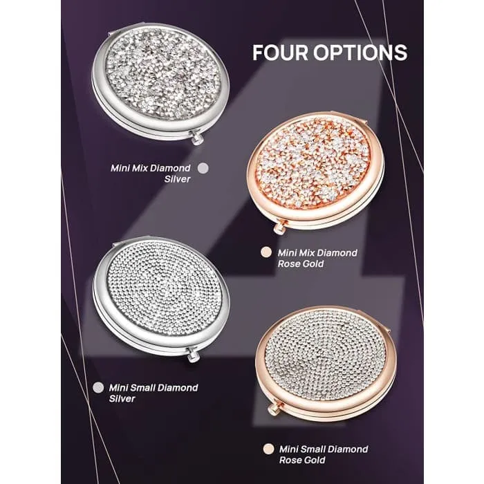 Mini Mix Diamond 1x/2x Magnifying Round Metal Pocket Makeup Mirror (silver)