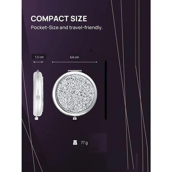 Mini Mix Diamond 1x/2x Magnifying Round Metal Pocket Makeup Mirror (silver)