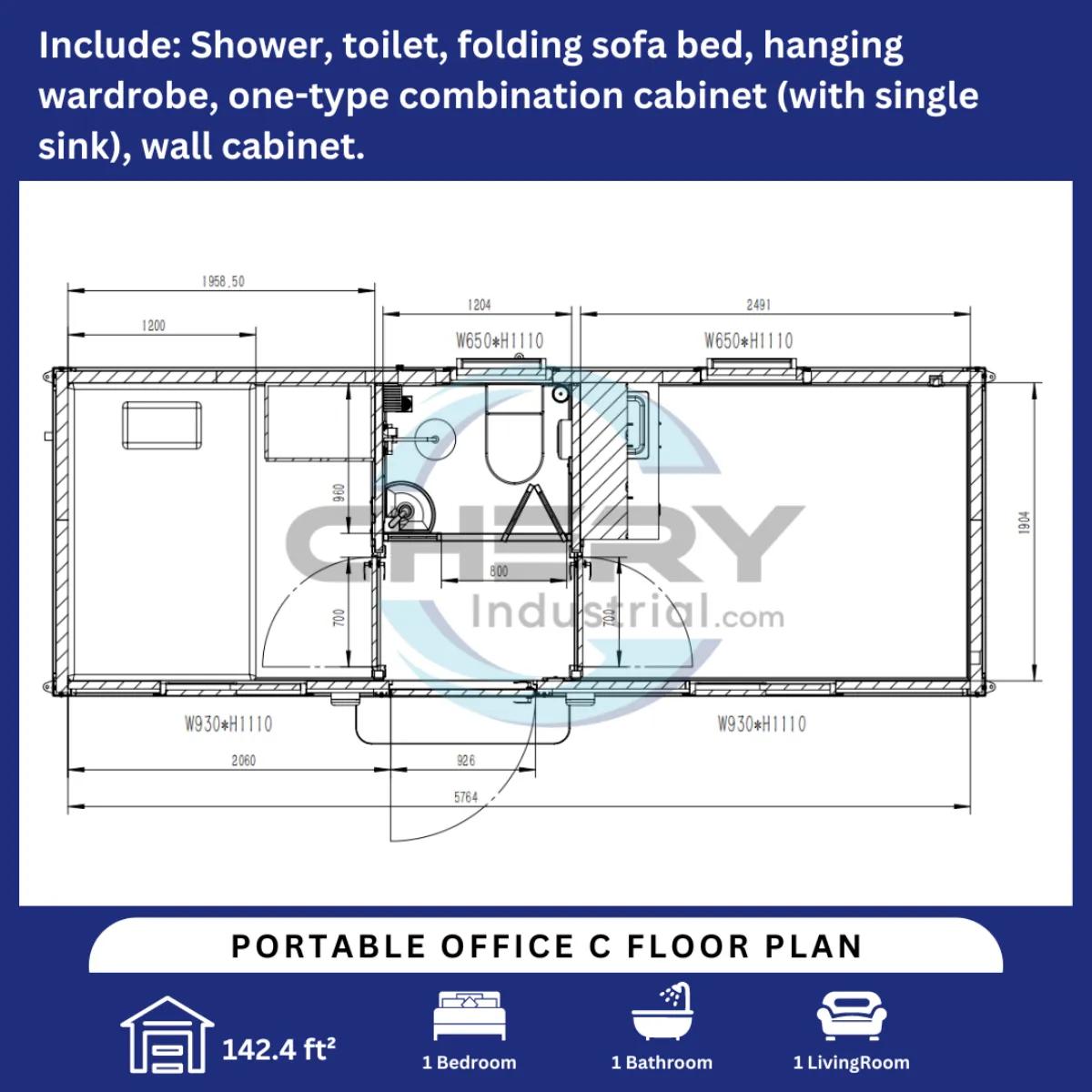 Modern Portable Office 7ft x 20ft with Bedroom