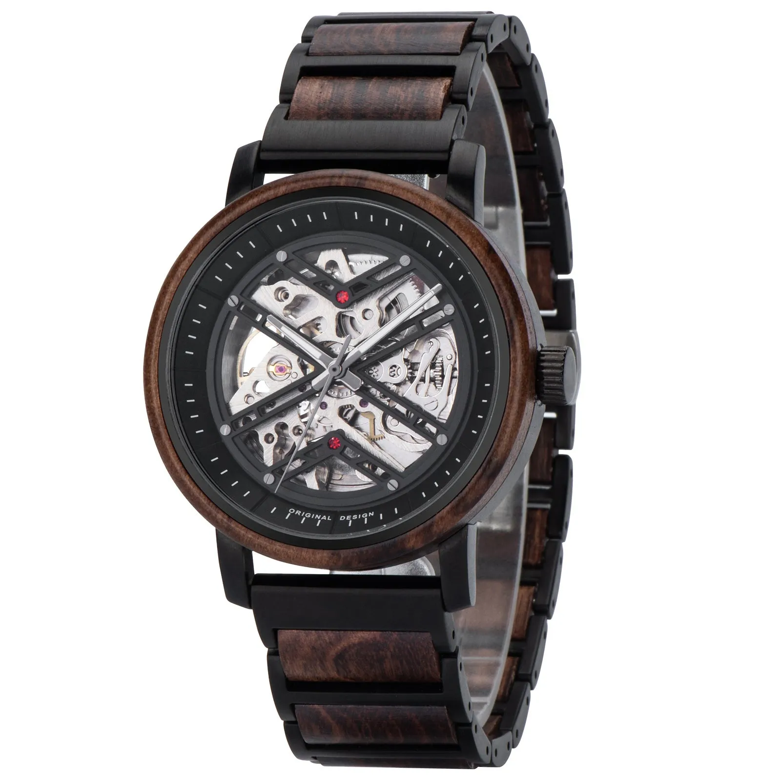 Montreal - Hollow Face Black Steel & Walnut Mechanical Watch