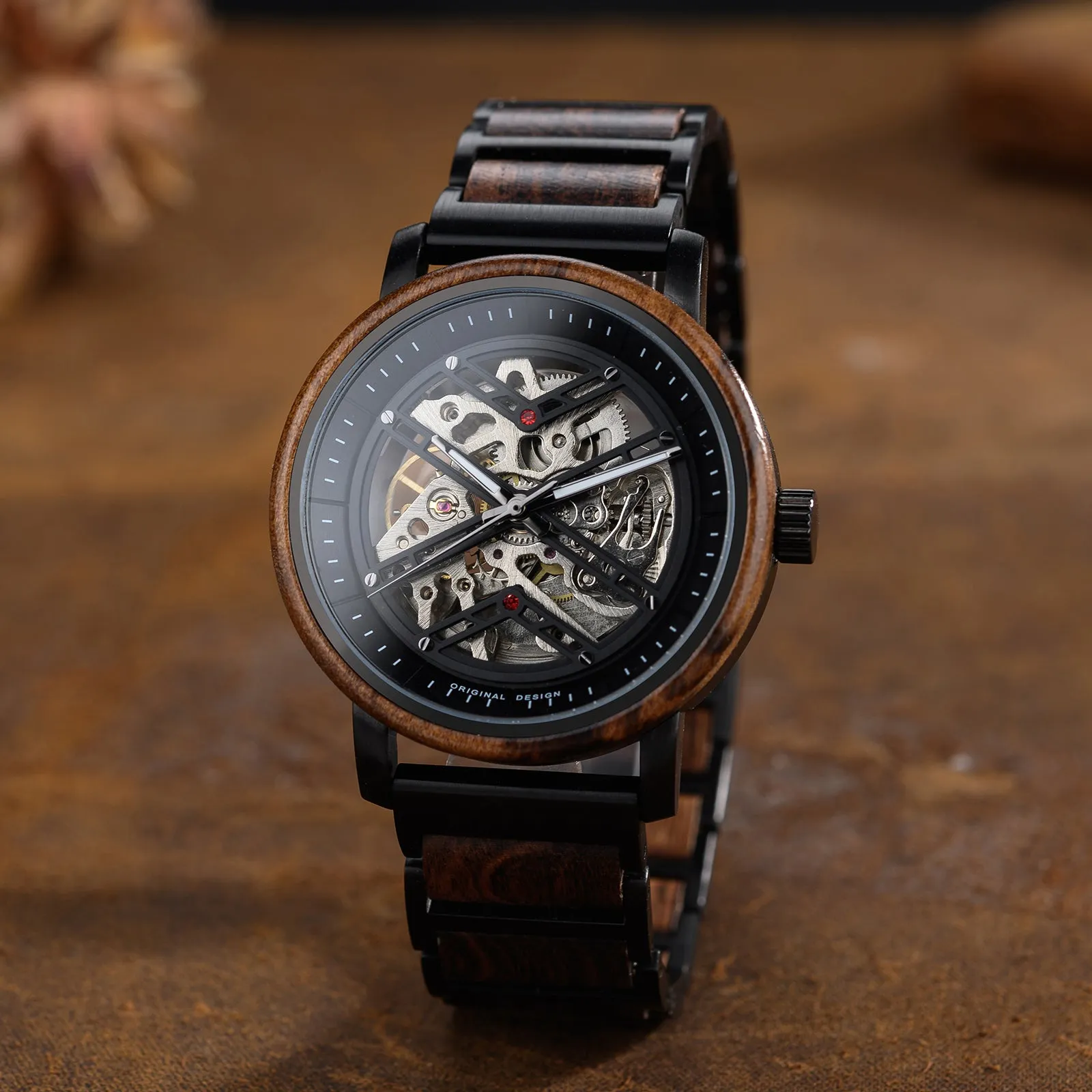 Montreal - Hollow Face Black Steel & Walnut Mechanical Watch