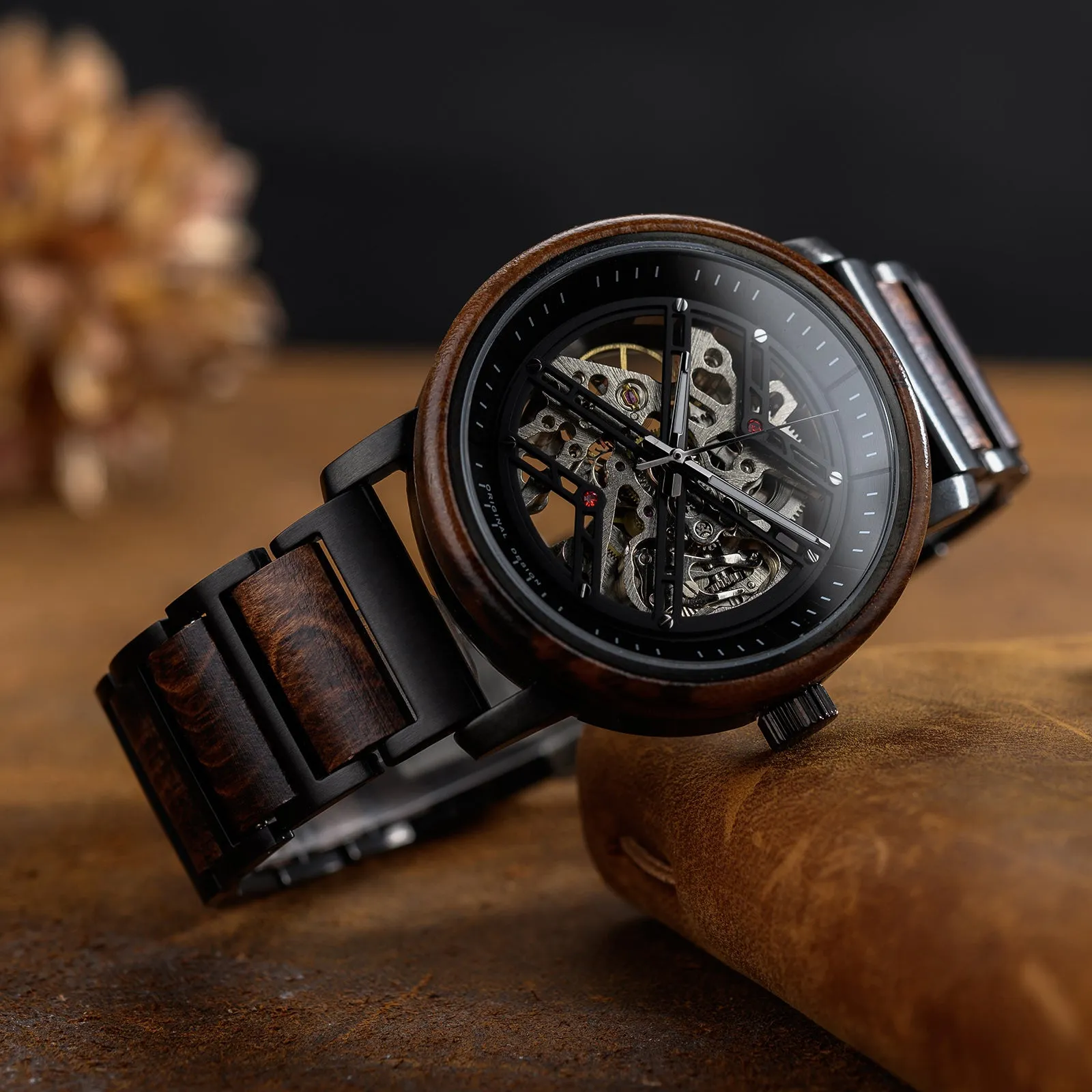 Montreal - Hollow Face Black Steel & Walnut Mechanical Watch