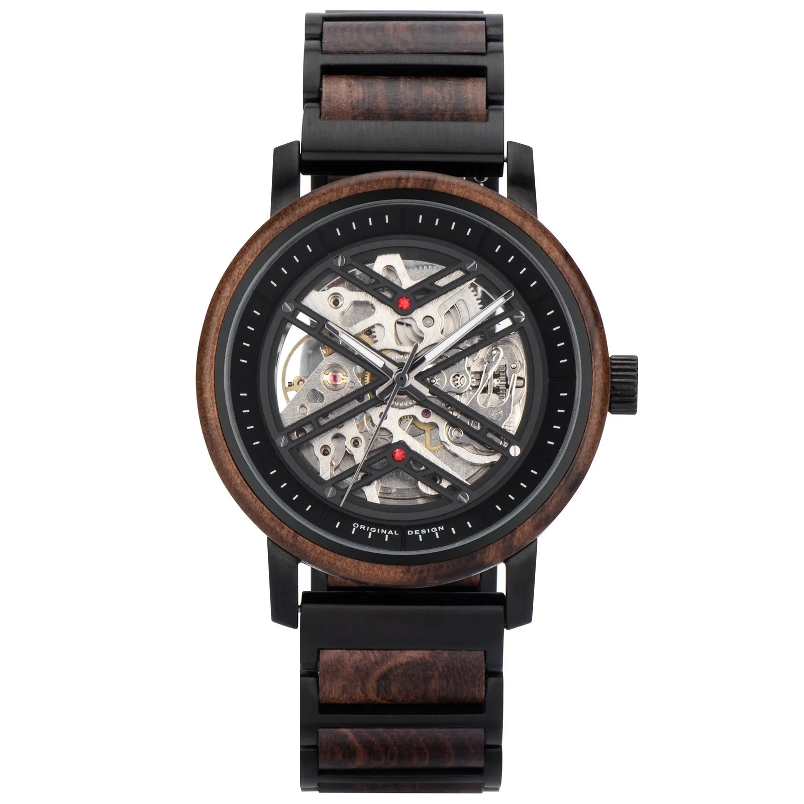 Montreal - Hollow Face Black Steel & Walnut Mechanical Watch