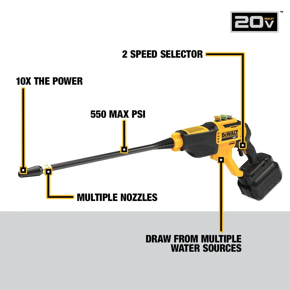 Open Box -  DEWALT 20-Volt MAX 550 PSI, 1.0 GPM Cold Water Cordless Electric Power Cleaner with 4 Nozzles, 5.0 Ah Battery and Charger