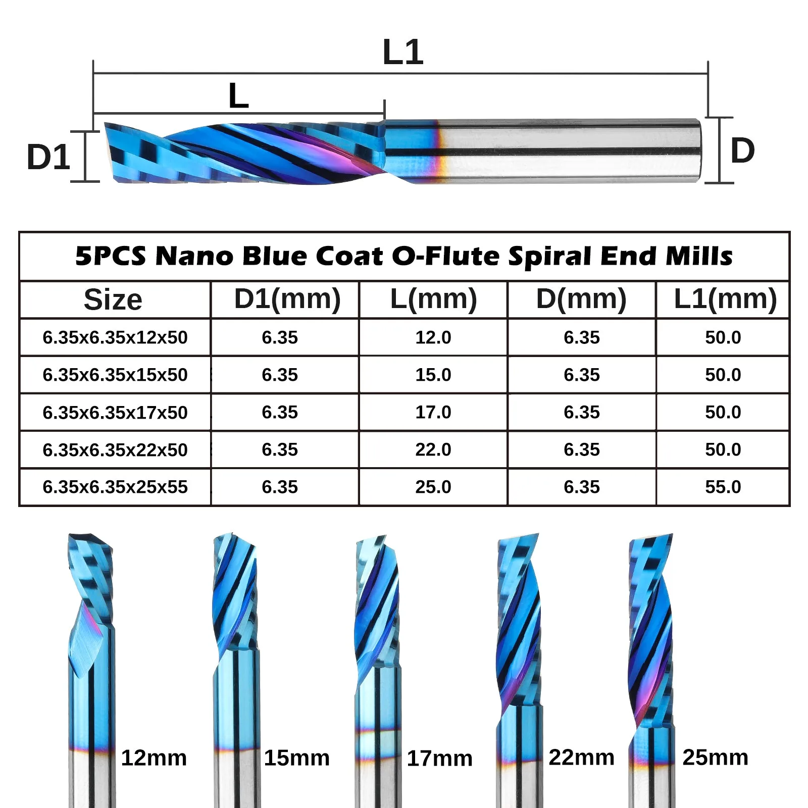 OS05A, 1/4" Shank, Carbide Spiral O Flute Up Cut Cutter, 5Pcs