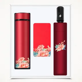 Peony Pattern Chinese Style Smart Thermos & Folding Umbrella Power Bank Gift Box