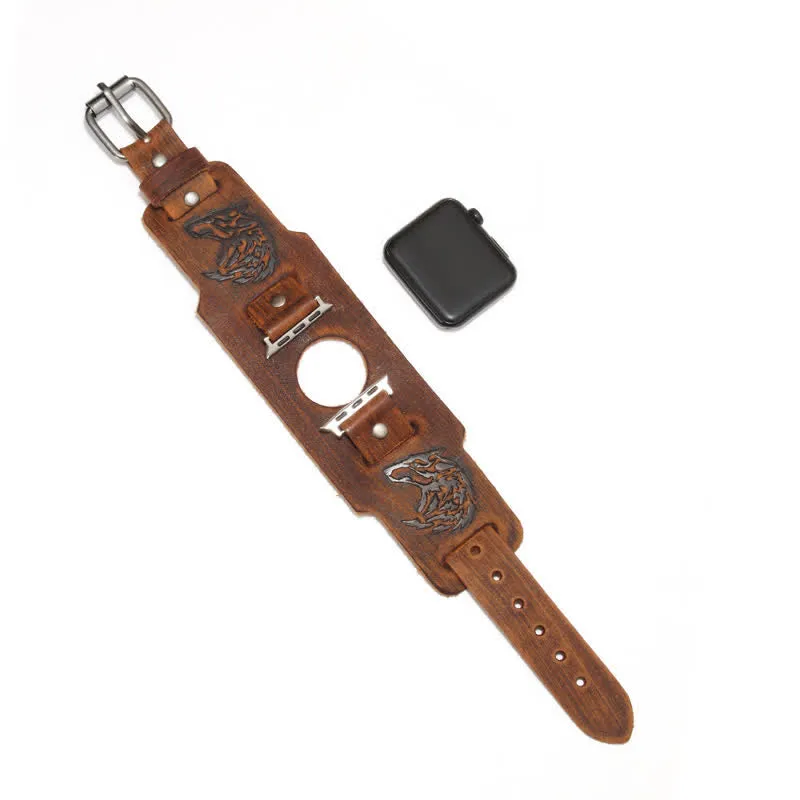 Punk Relief Wolf Bracelet Leather Watch Band