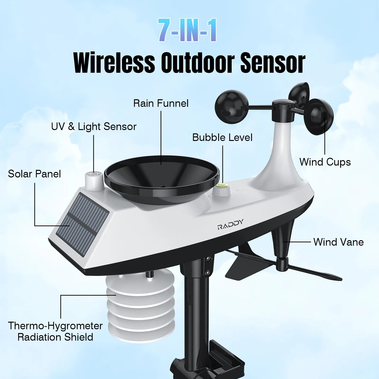 Raddy VP7 Wi-Fi Weather Station | 15-in-1  Display | 7.4'' Digital Color Display | WI-FI Indoor Outdoor  | Weather Forecast