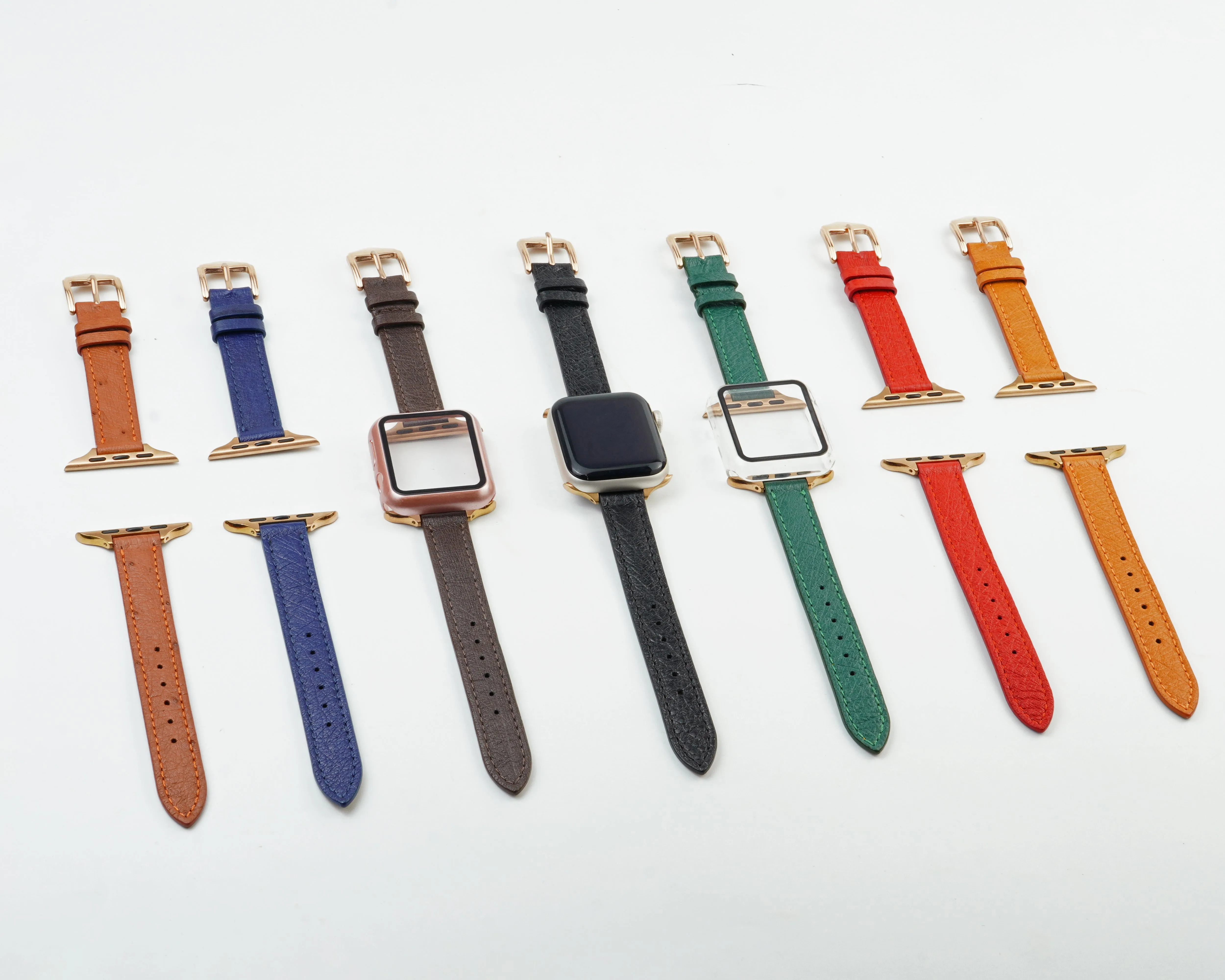 Red Flat Ostrich Leather Band Compatible Apple Watch Iwatch 42mm Screen Protector Case Gold Adapter Replacement Strap For Smartwatch Series 1 2 3 Leather Handmade AW-190G-W-42MM