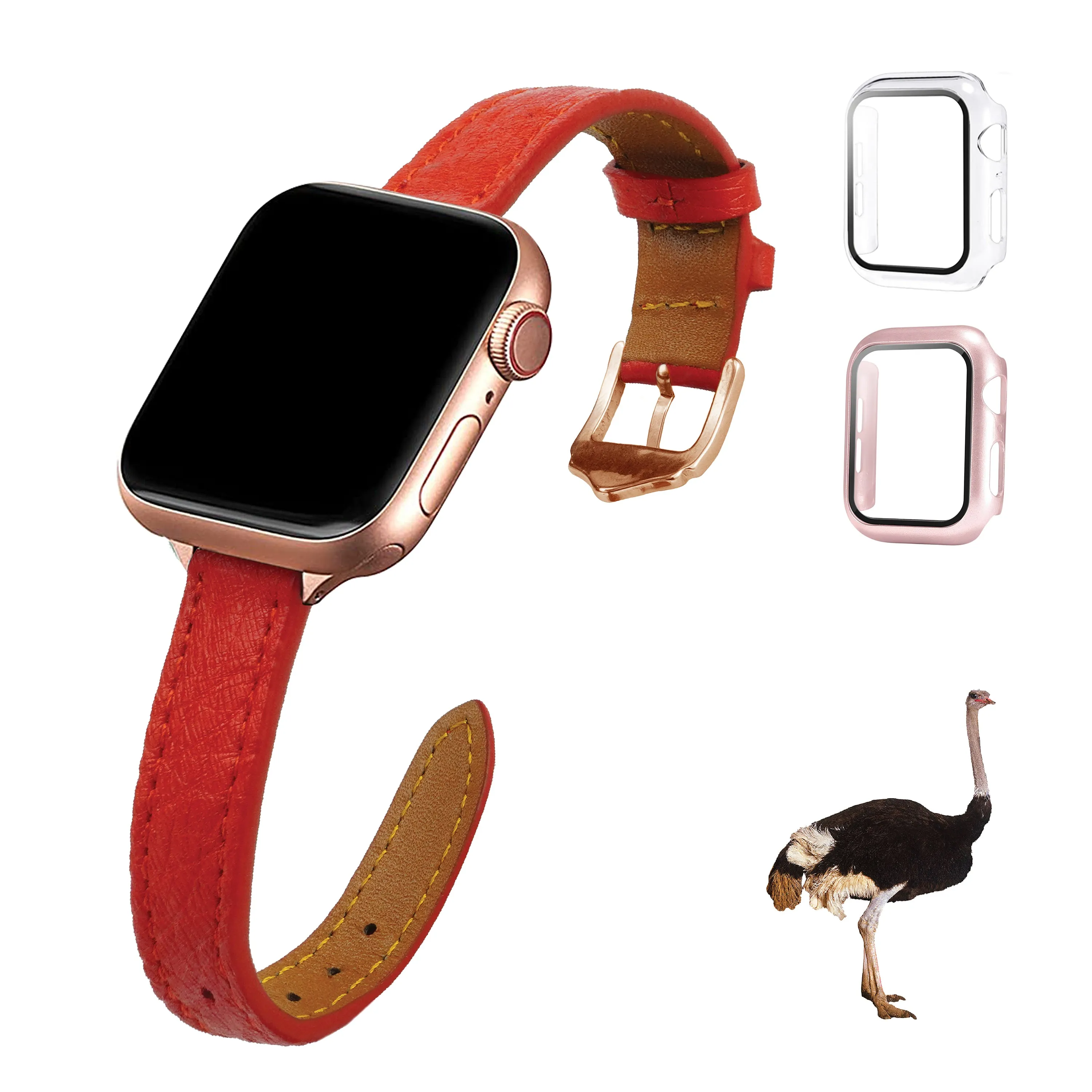 Red Flat Ostrich Leather Band Compatible Apple Watch Iwatch 42mm Screen Protector Case Gold Adapter Replacement Strap For Smartwatch Series 1 2 3 Leather Handmade AW-190G-W-42MM