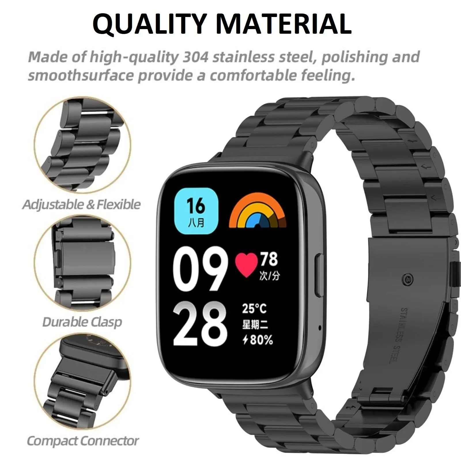 Redmi Watch 3 Active/Redmi Watch 3 Lite Band | Metal Watch Strap | Black