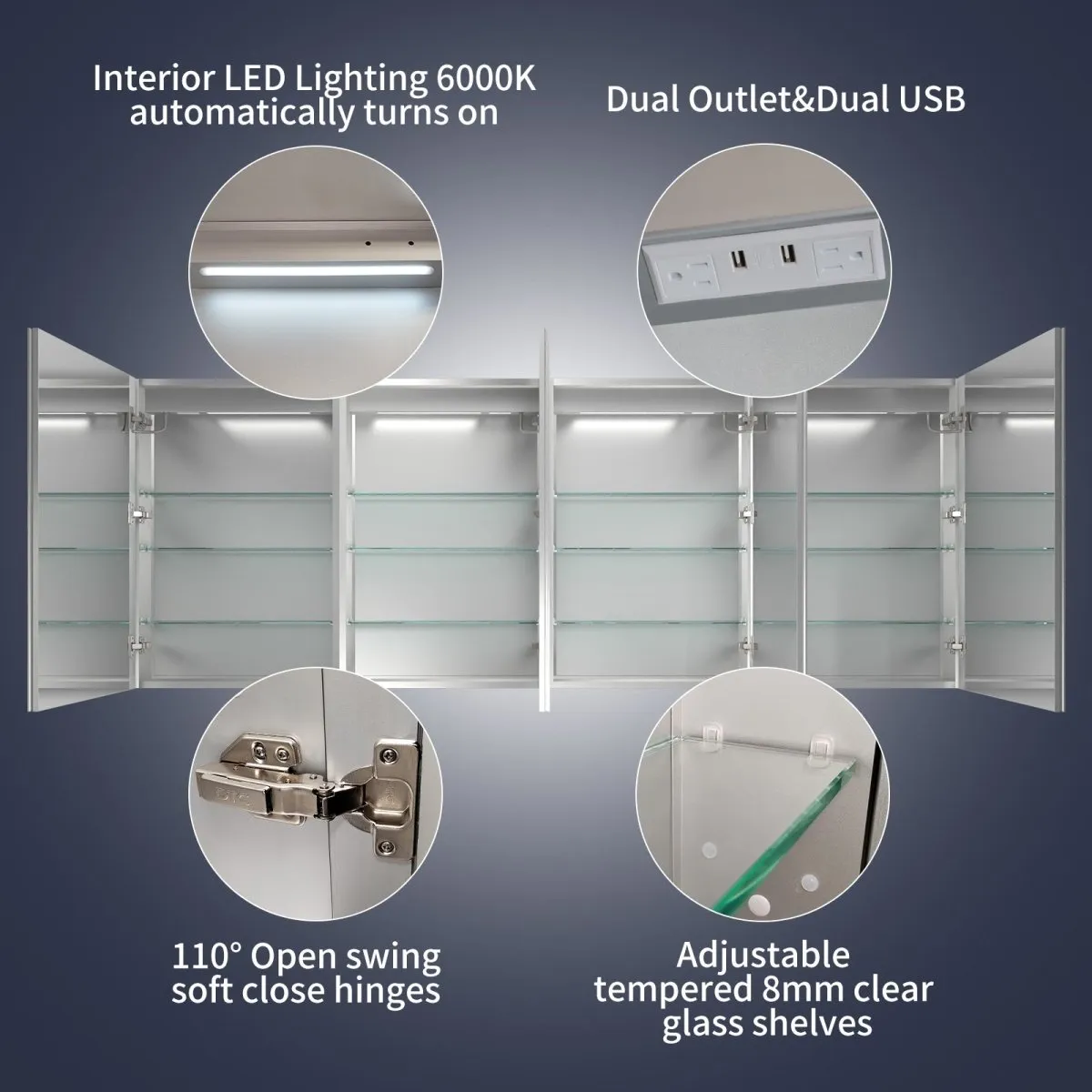 Rim 96" W x 36" H LED Lighted Medicine Cabinet Recessed or Surface with Mirrors