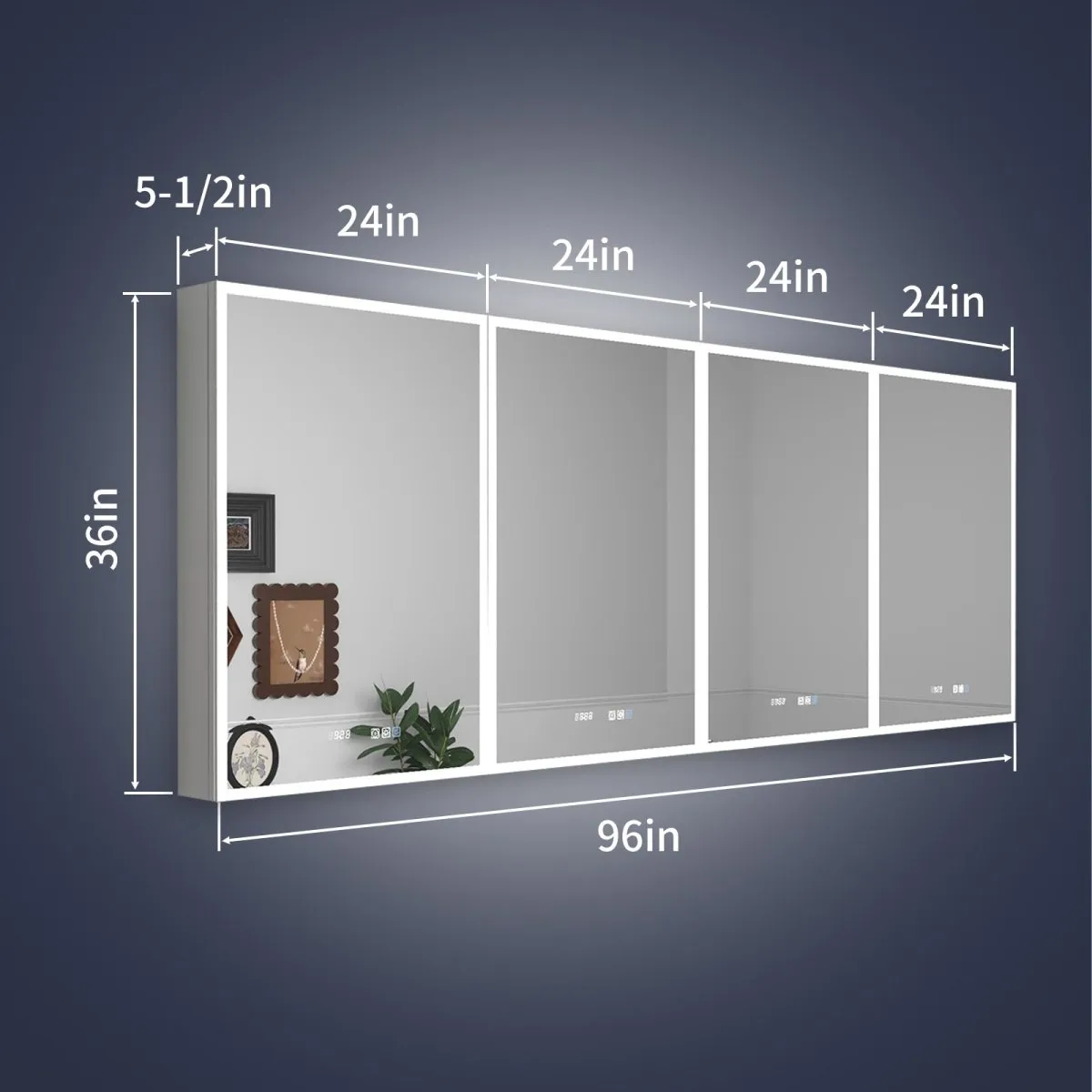 Rim 96" W x 36" H LED Lighted Medicine Cabinet Recessed or Surface with Mirrors