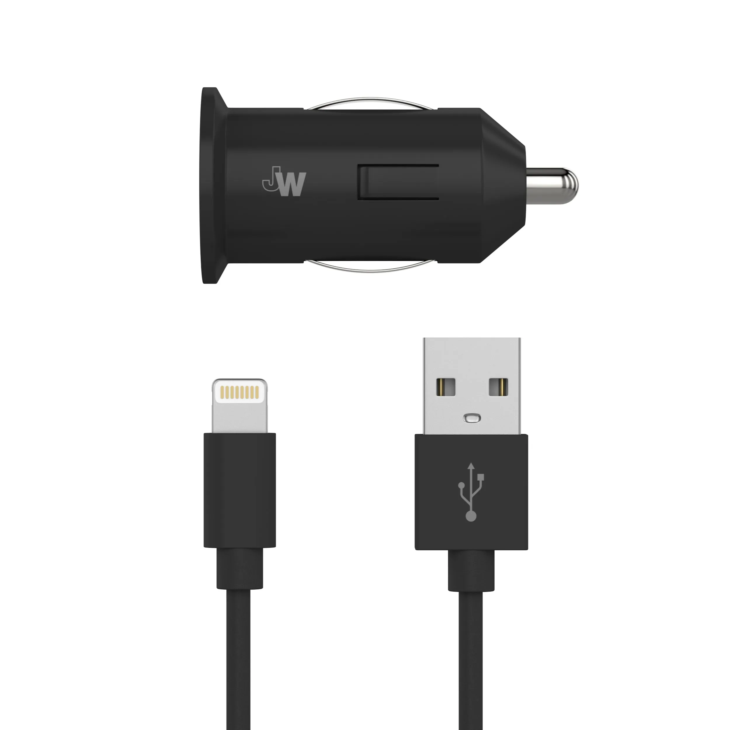 Single USB Car Charger with 4ft Lightning Cable - Black