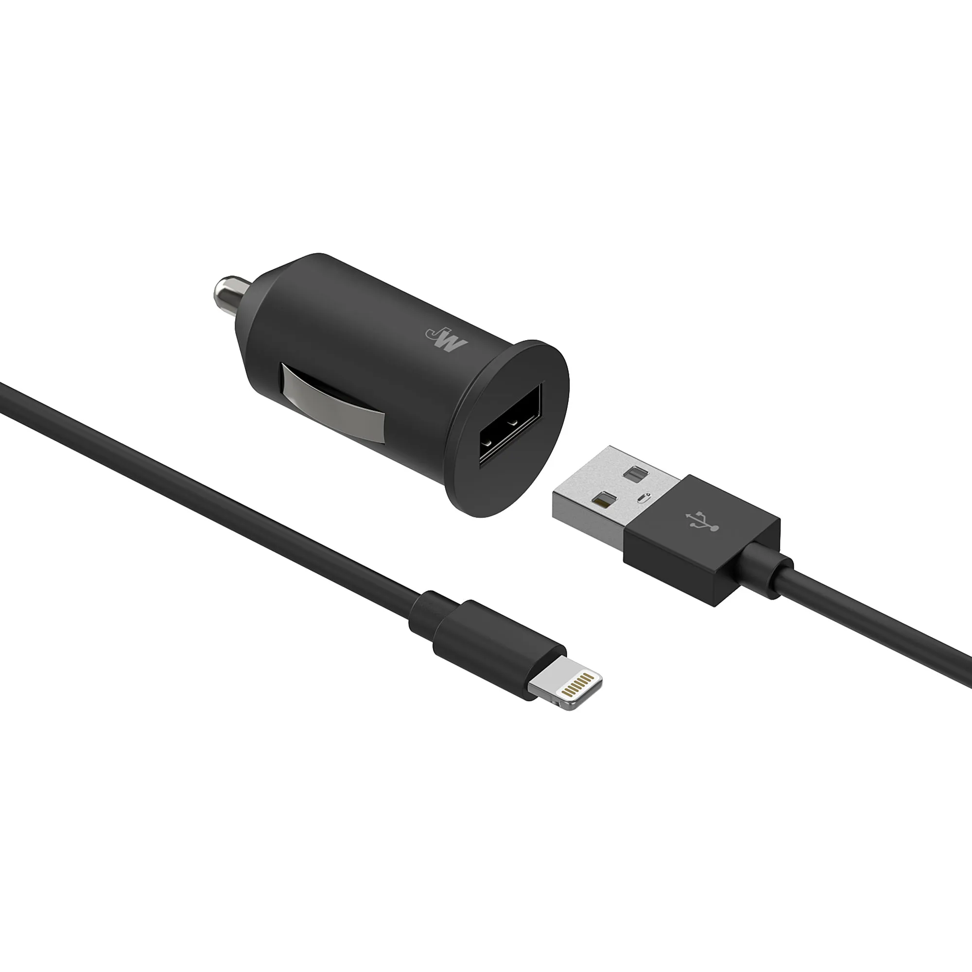 Single USB Car Charger with 4ft Lightning Cable - Black