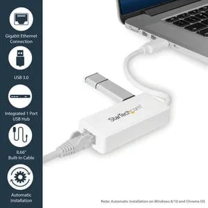 StarTech.com USB 3.0 to Gigabit Ethernet Adapter NIC w/ USB Port - White - USB - 1 Port(s) - 1 x Network (RJ-45) - Twisted Pair - 10/100/1000Base-T - Desktop