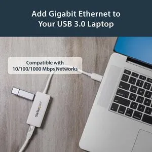 StarTech.com USB 3.0 to Gigabit Ethernet Adapter NIC w/ USB Port - White - USB - 1 Port(s) - 1 x Network (RJ-45) - Twisted Pair - 10/100/1000Base-T - Desktop