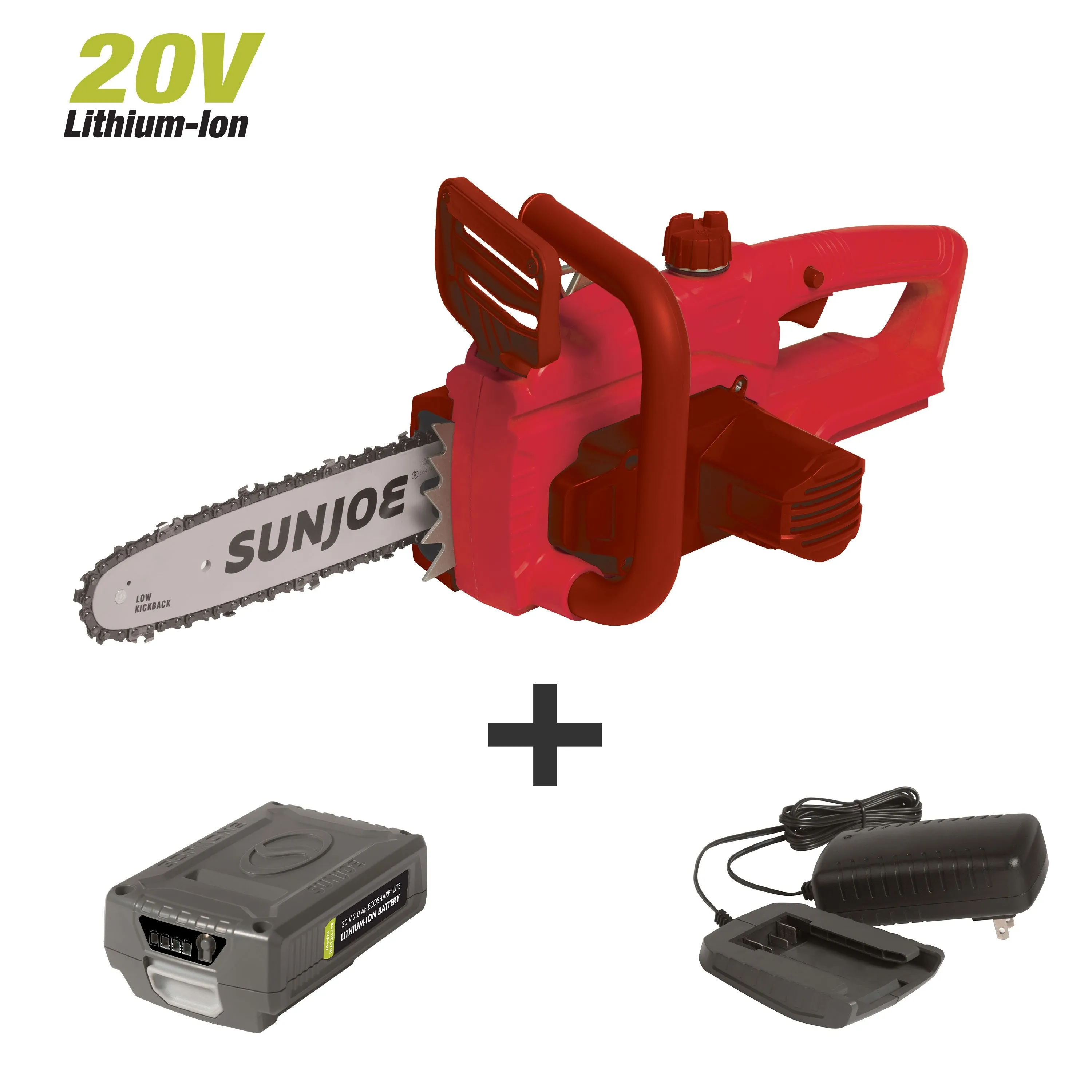 Sun Joe 20ViON-CS10-RED 20-Volt iON Lithium Ion Chainsaw Kit | 10-Inch | W/ 2.0-Ah Battery and Charger (Red)