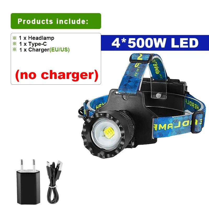 Super Powerful Headlamp 4core 30W LEDs Rechargeable Head Lamp 3mode Waterproof Head Flashlight Lantern 1500M Zoomable Headlight