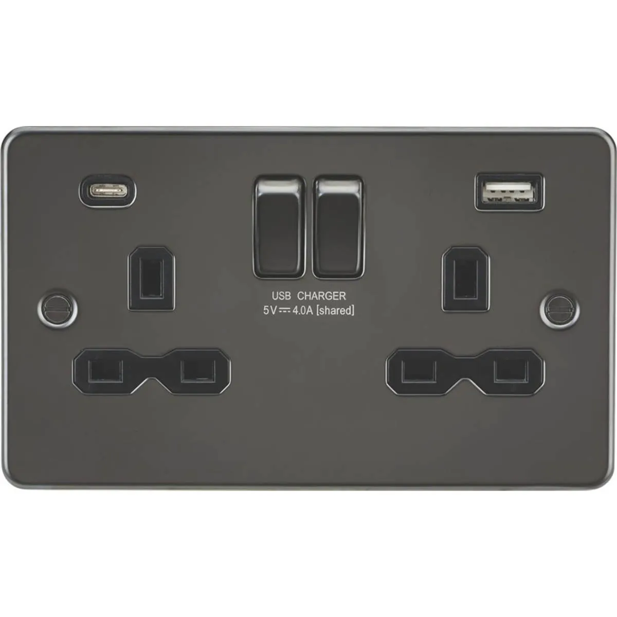 Switched Wall Socket Double 13A 2-Gang 2-Outlet Type A C USB Charger Grey