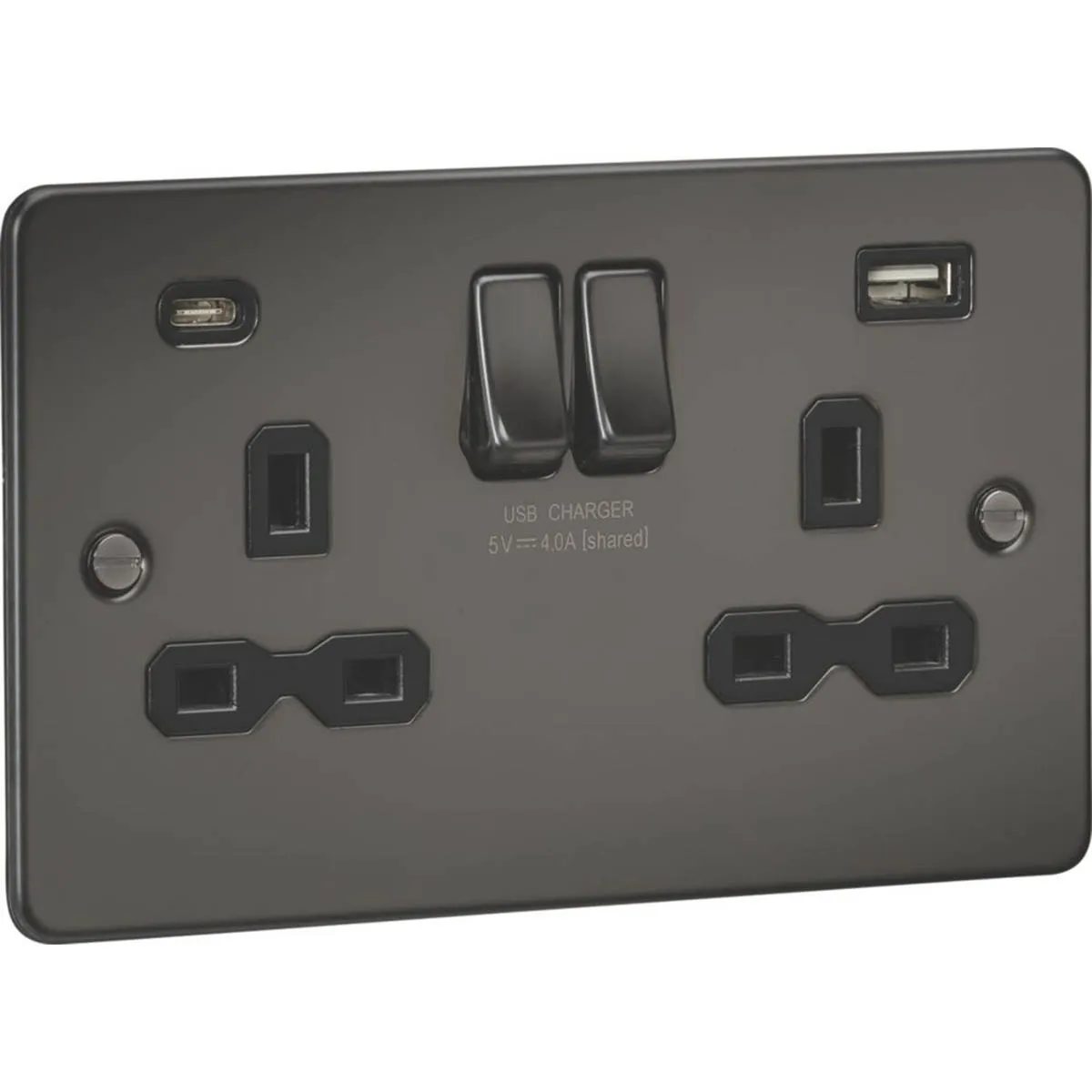 Switched Wall Socket Double 13A 2-Gang 2-Outlet Type A C USB Charger Grey