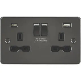 Switched Wall Socket Double 13A 2-Gang 2-Outlet Type A C USB Charger Grey