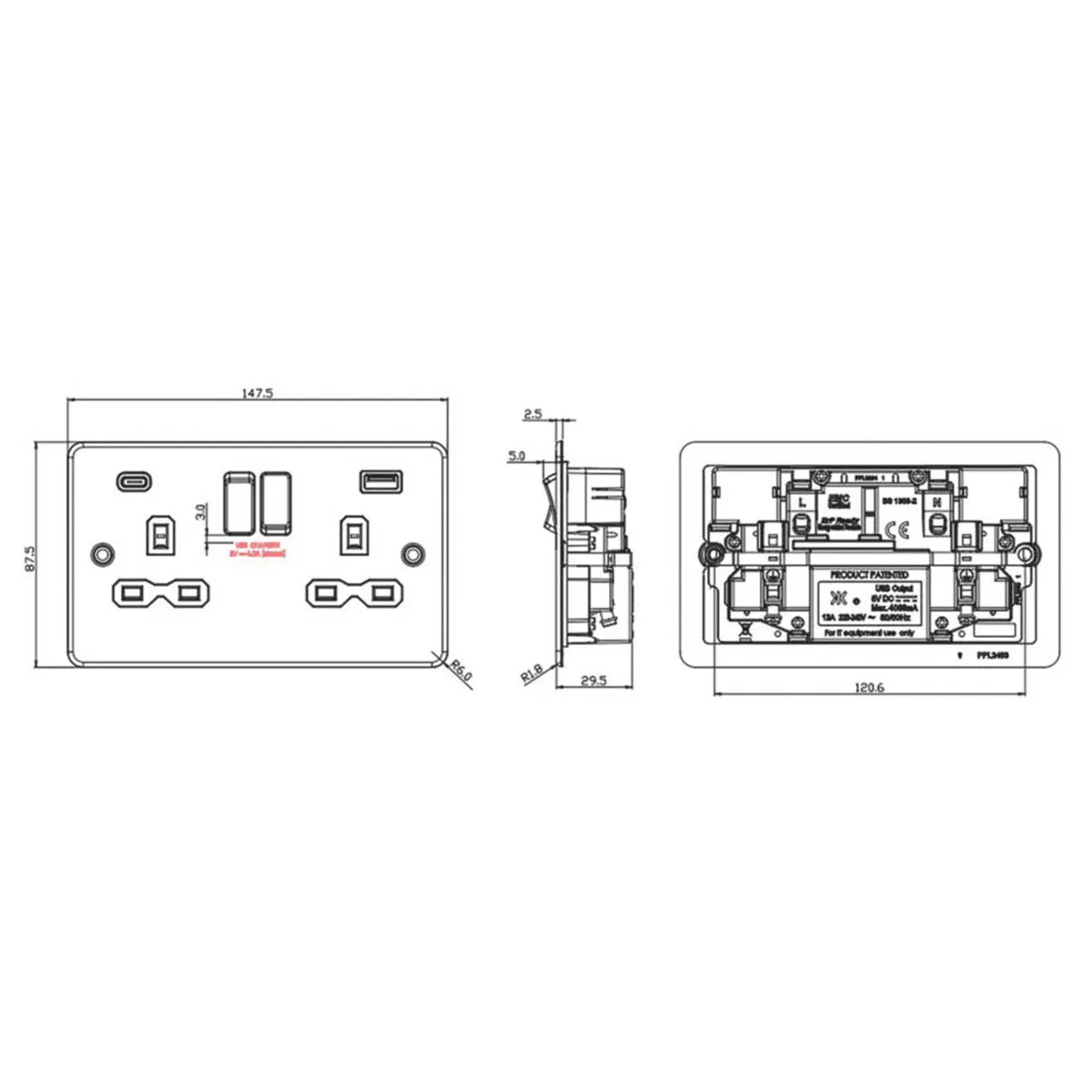 Switched Wall Socket Double 13A 2-Gang 2-Outlet Type A C USB Charger Grey