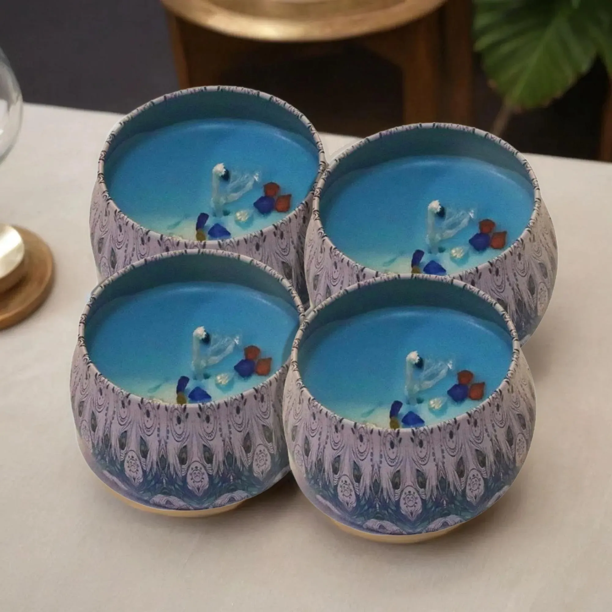 TAHA VENTURES Printed Round Tin Scented Candle with Lid| Rakshabandhan Gift, Festival Decoration, Meditation, Home décor | Fragrance of Tea Tree - Set of 4