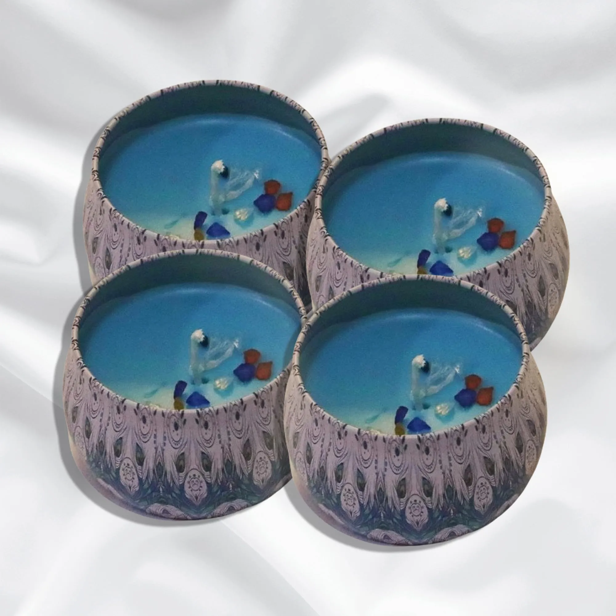 TAHA VENTURES Printed Round Tin Scented Candle with Lid| Rakshabandhan Gift, Festival Decoration, Meditation, Home décor | Fragrance of Tea Tree - Set of 4