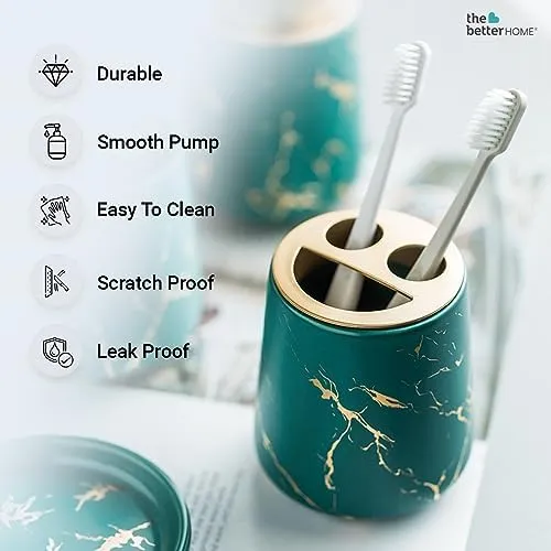 The Better Home 4pcs Ceramic Bathroomware Bathroom Liquid soap Dispenser Set Green Toothbrush Holder and Tumbler (Set of 2)