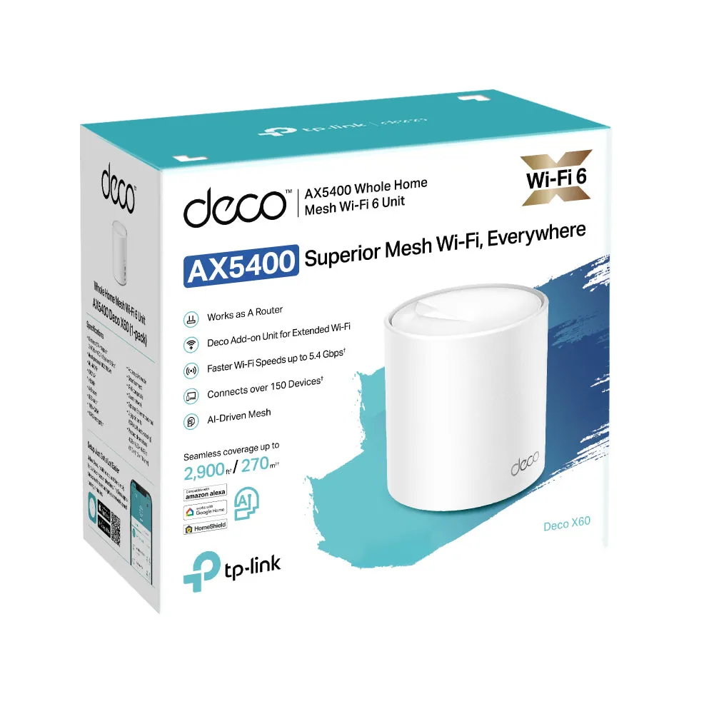 TP-Link Deco X60 AX5400 Whole Home Mesh Dual Band Wi-Fi 6 System with 4804Mbps at 5GHz, 574Mbps at 2.4GHz, Covers Up to 7,100 sq.ft., Connect 150 Devices, Router/AP Mode, MU-MIMO, Beamforming, IPv6, OFDMA, Alexa Supported