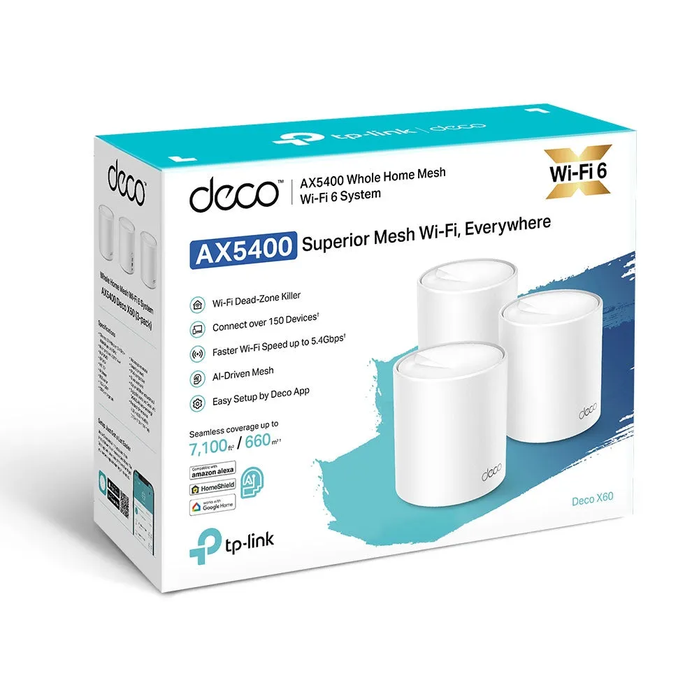 TP-Link Deco X60 AX5400 Whole Home Mesh Dual Band Wi-Fi 6 System with 4804Mbps at 5GHz, 574Mbps at 2.4GHz, Covers Up to 7,100 sq.ft., Connect 150 Devices, Router/AP Mode, MU-MIMO, Beamforming, IPv6, OFDMA, Alexa Supported