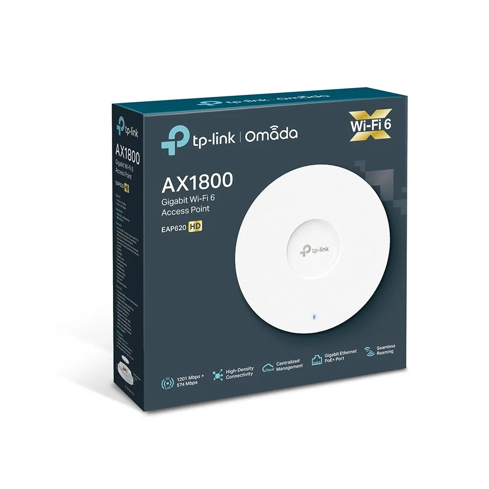 TP-Link EAP620HD AX1800 Dual Band Ceiling Mount Wi-Fi 6 Access Point Up to 1000  Clients, 1201Mbps at 5GHz, 574Mbps at 2.4GHz, Gigabit RJ45 Port, MU-MIMO, OFDMA, Omada SDN, Beamforming, Seamless Roaming, Passive PoE, Mesh, Band Steering