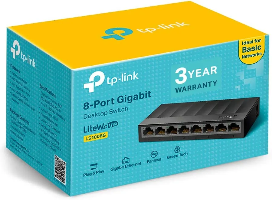 TP-LINK (LS1008G) 8-Port Gigabit Unmanaged Desktop LiteWave Switch, Ethernet Splitter, Plug & Play, Desktop/Wallmount, Plastic Case