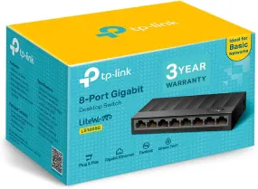 TP-LINK (LS1008G) 8-Port Gigabit Unmanaged Desktop LiteWave Switch, Ethernet Splitter, Plug & Play, Desktop/Wallmount, Plastic Case