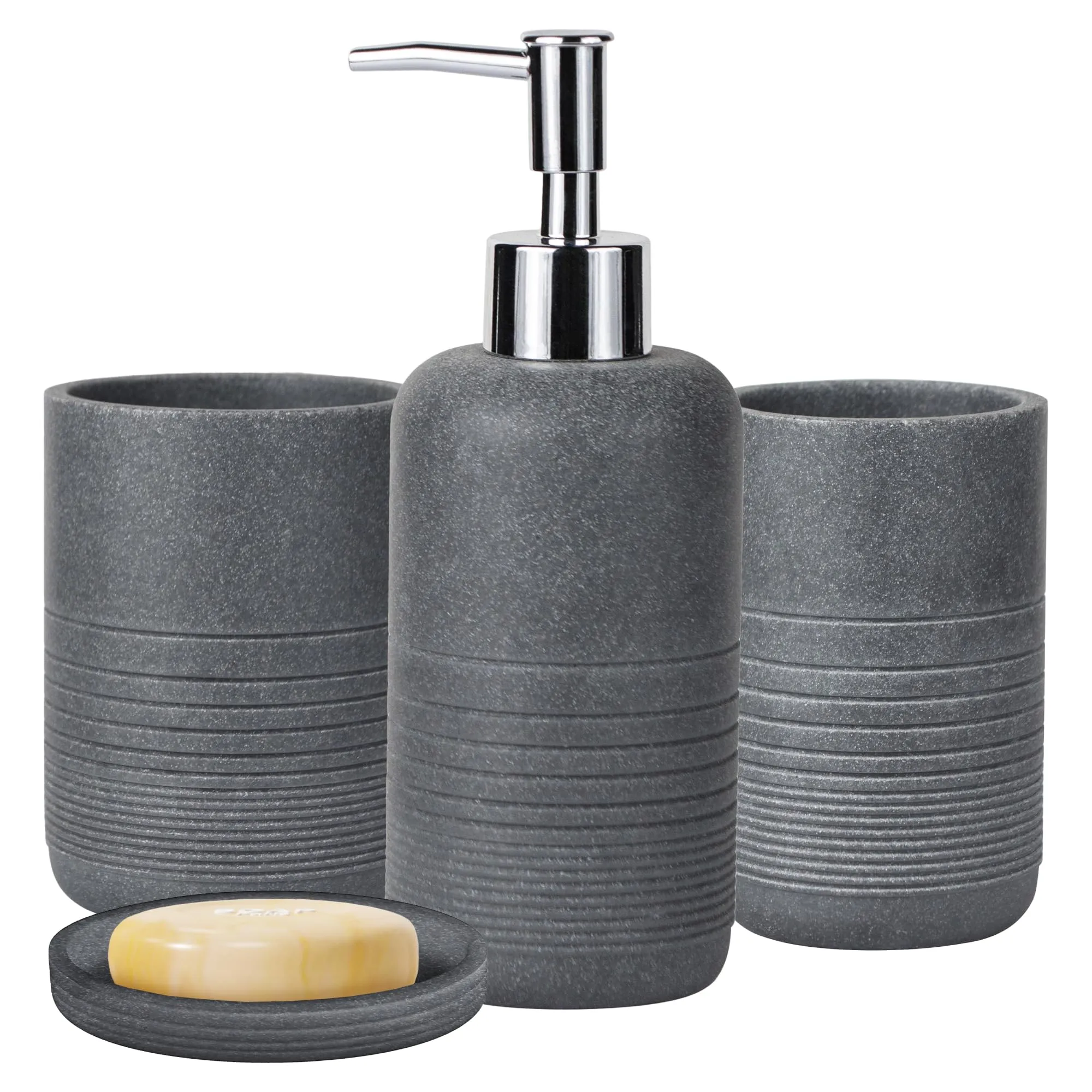 UMAI Polyresin 4-Pcs Bathroom Accessories Set - Soap Holder for Bathroom, Soap Dispenser for Bathroom, Tumbler, Toothbrush Holder | Bathroom Organiser | Handwash Dispenser | Scratch Proof | Grey