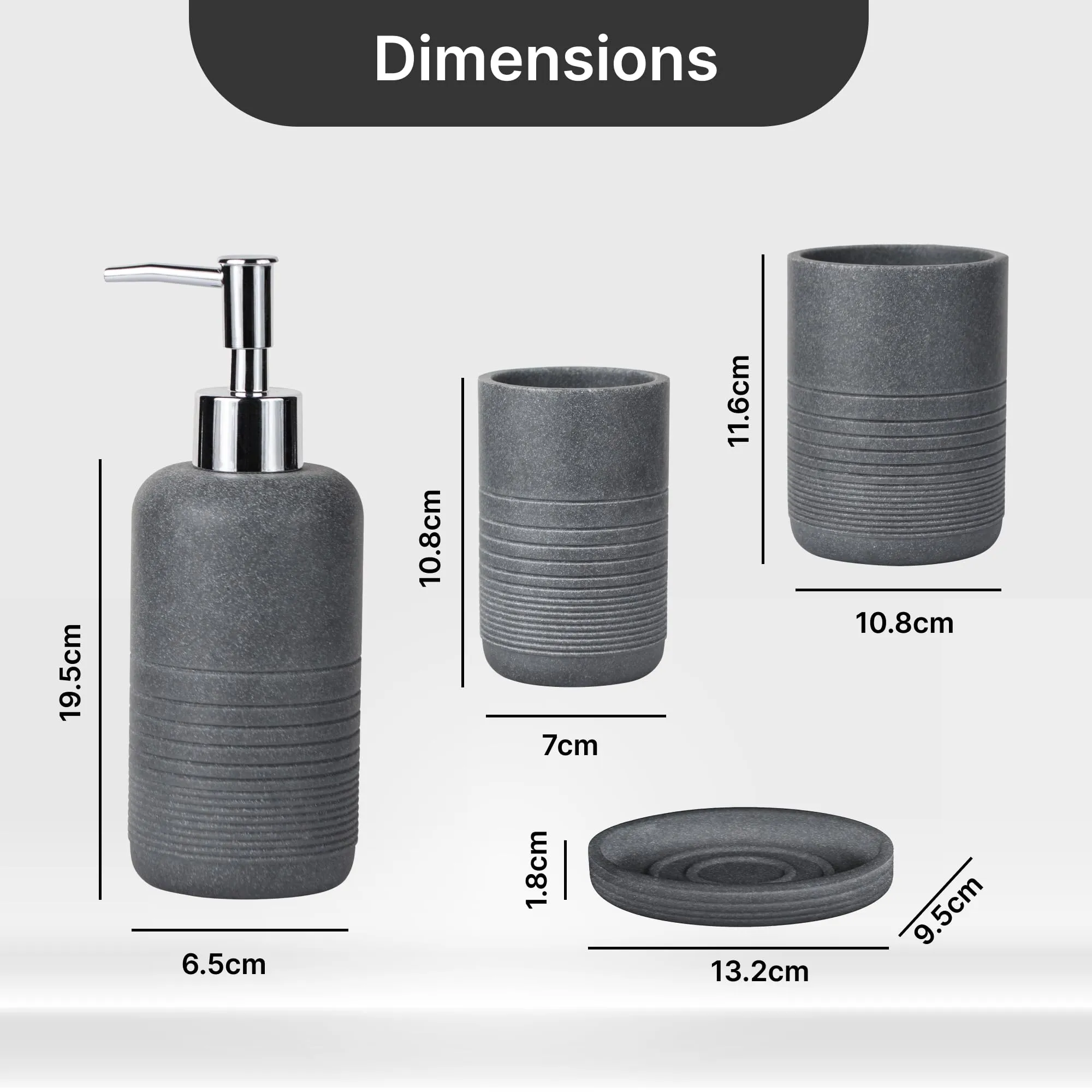 UMAI Polyresin 4-Pcs Bathroom Accessories Set - Soap Holder for Bathroom, Soap Dispenser for Bathroom, Tumbler, Toothbrush Holder | Bathroom Organiser | Handwash Dispenser | Scratch Proof | Grey