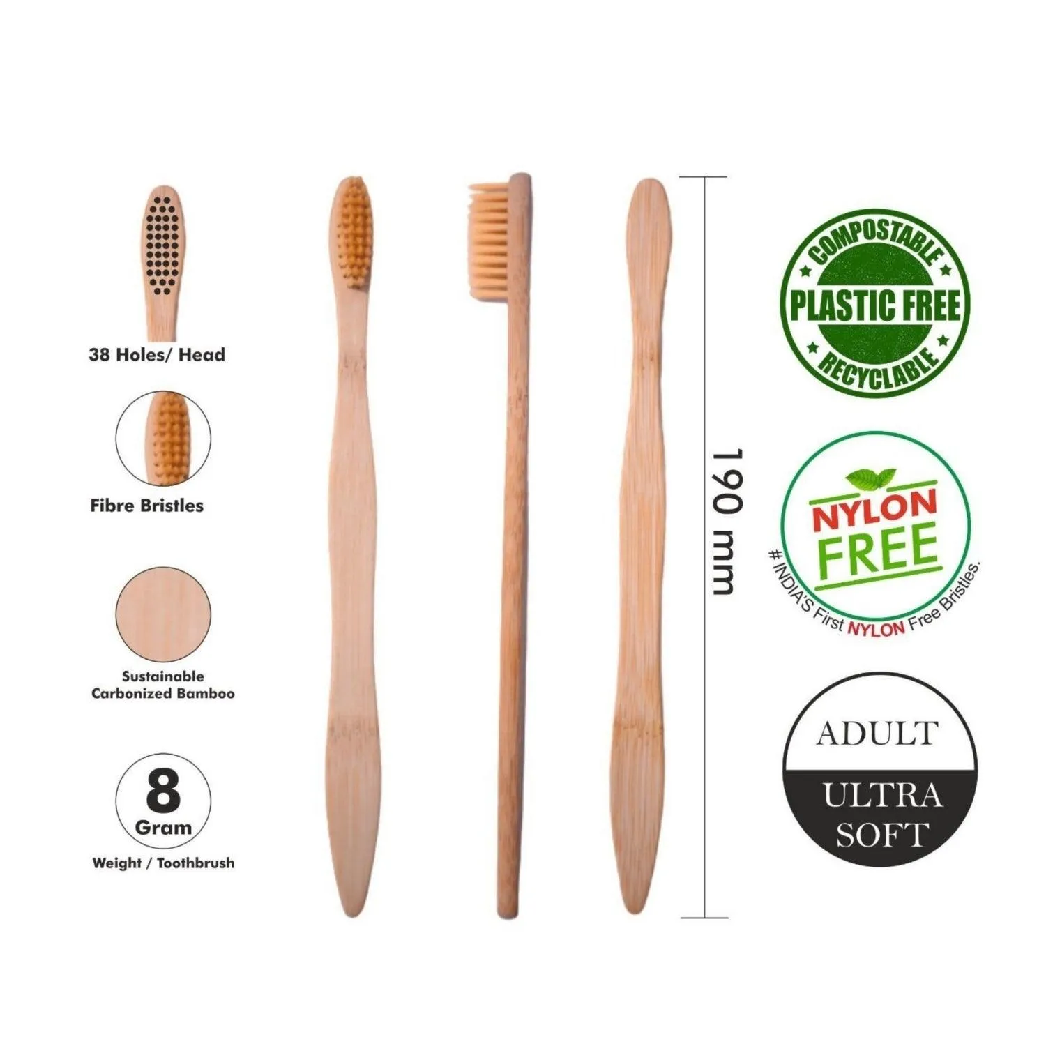 Wooden Bamboo Toothbrush | Pack of 4 | Ultra-Soft Bristles | BPA Free | Biodegradable and Compostable